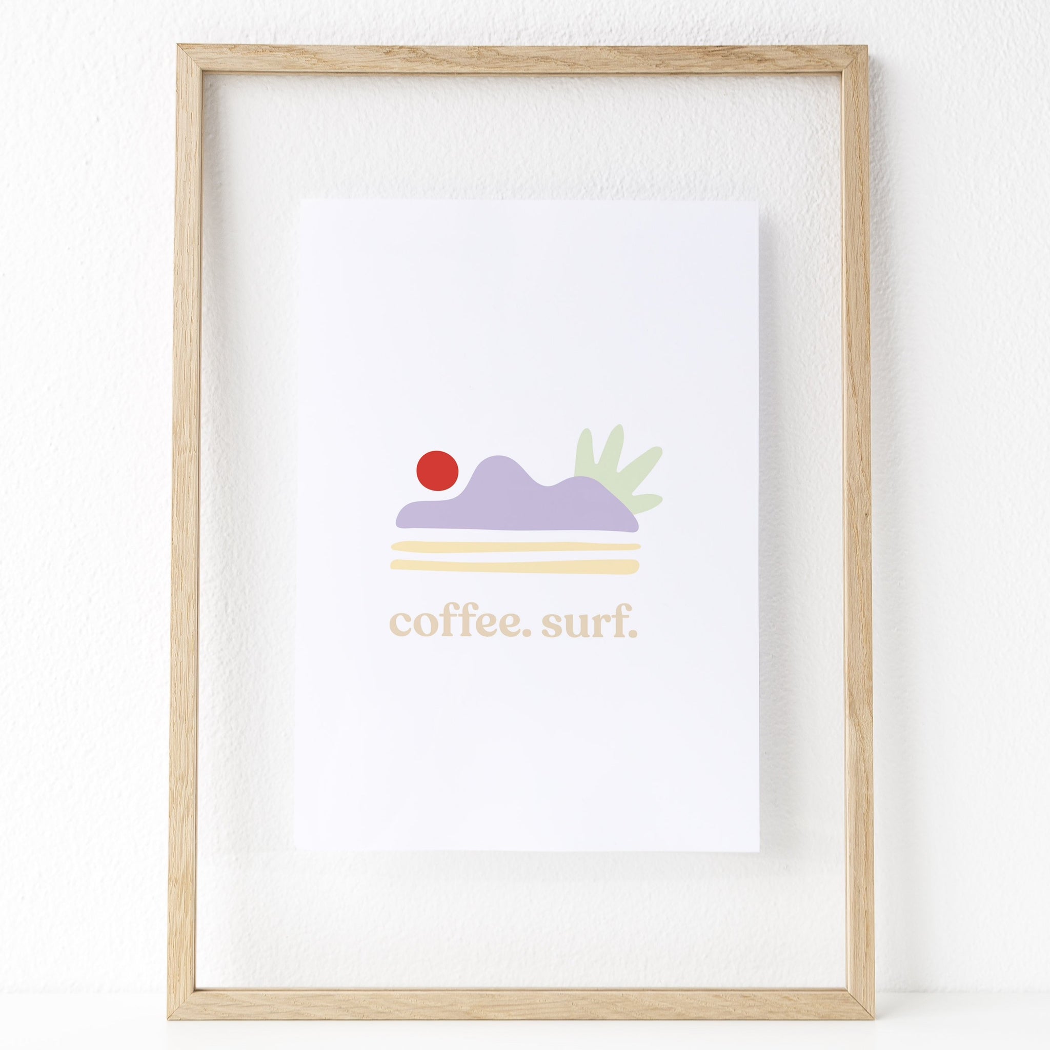 Coffee. Surf. Print. The print features some abstract shapes that resemble a sun setting over some hills. Hues of lilac, red, light green, and yellow can be seen in this print. 