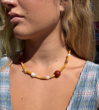 Orange Jade & Pearls Beaded Necklace