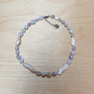 Blue Lace Agate & Fresh Water Baroque Pearls Necklace