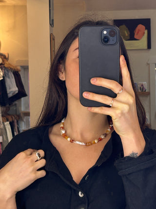 Earthy Tones & Pearl Beaded Necklace