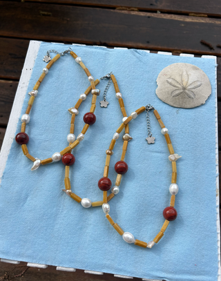 Orange Jade & Pearls Beaded Necklace